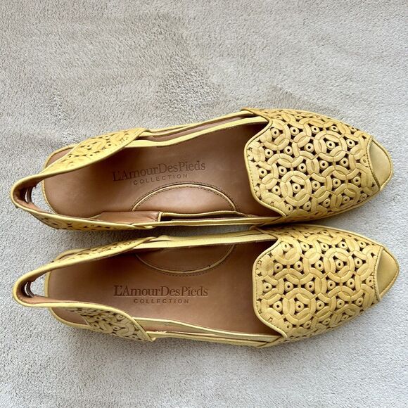 L’amour Des Pieds Bainya Gold Mustard Yellow Leather Wedge Heel Sandal Women 8.5 - Picture 8 of 16